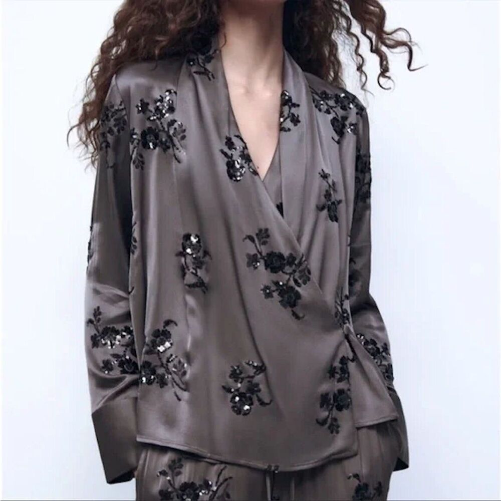 Zara Woman Sequin Embroidered Wrap Blouse Top Gray / Mink Small
